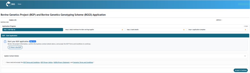Screenshot of Step 1 of genotyping scheme process (Ts&Cs)