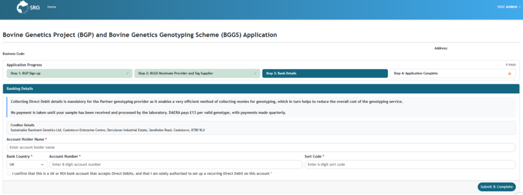 Screenshot of Step 3 of genotyping scheme process (bank details)