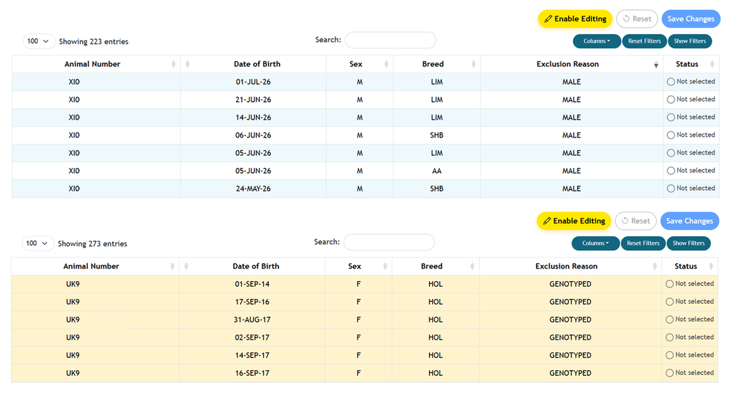 Screenshot of SRG user portal showing animals not eligible