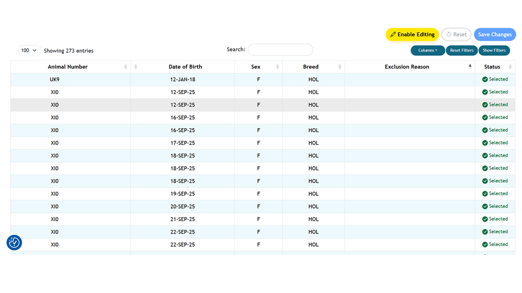 Screenshot of SRG user portal showing genotype tag selection screen with eligible animals